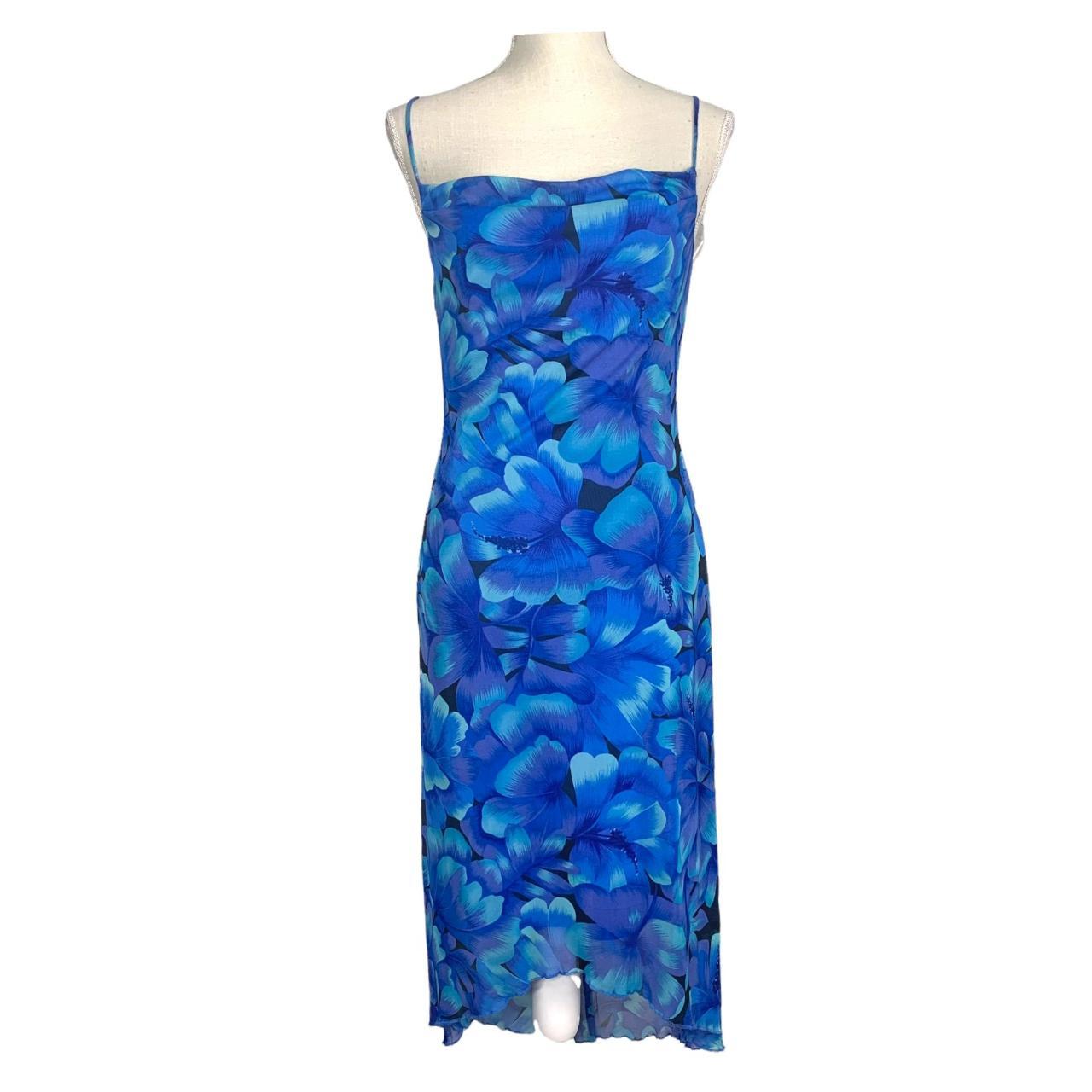 Vintage 90s Blue Floral Spaghetti Strap Mesh Slip... - Depop