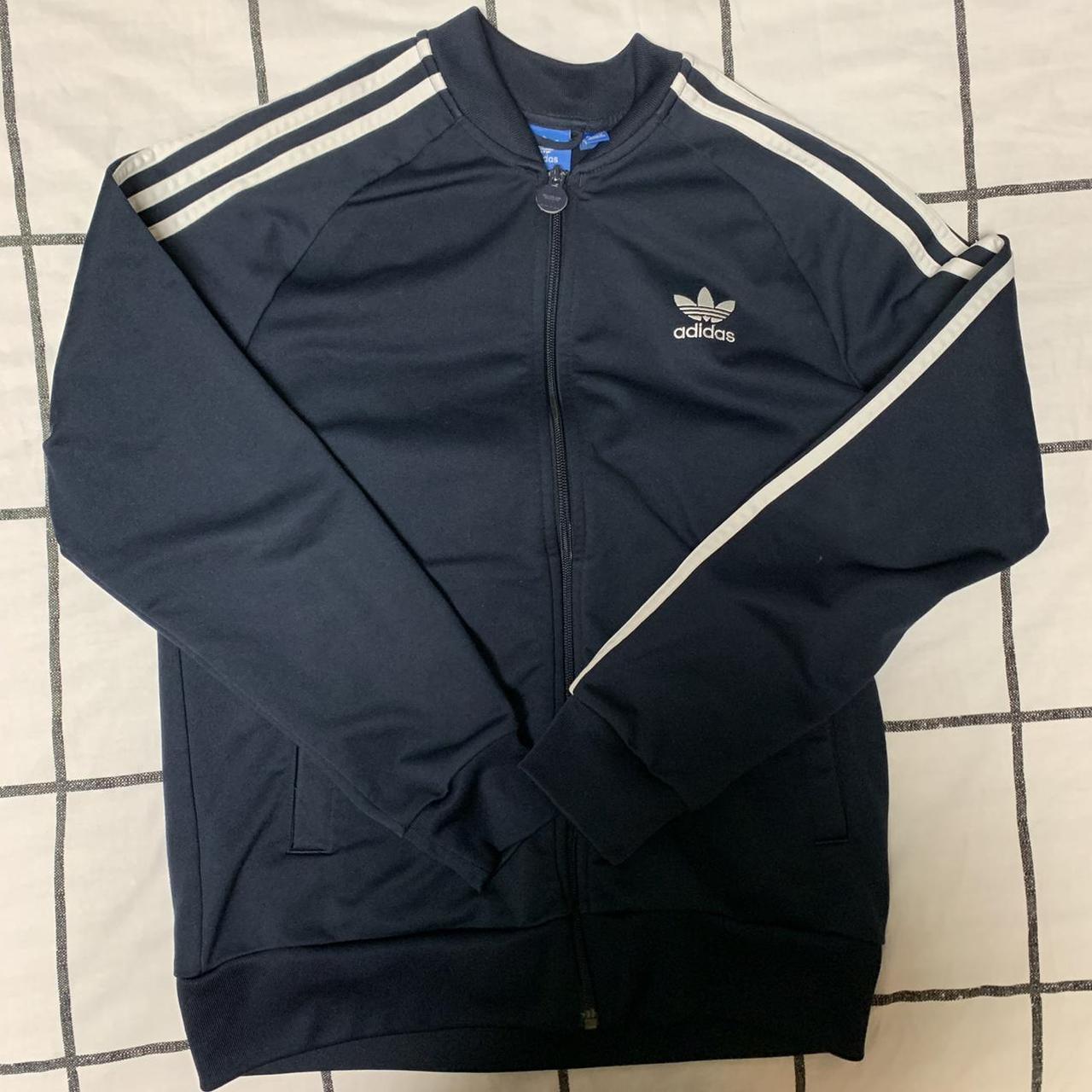 adidas navy blue zip up jacket • fleece on... - Depop