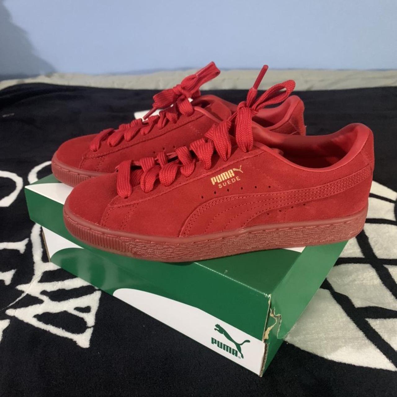 Red Puma Suede sneakers; only used once #puma #suede... - Depop