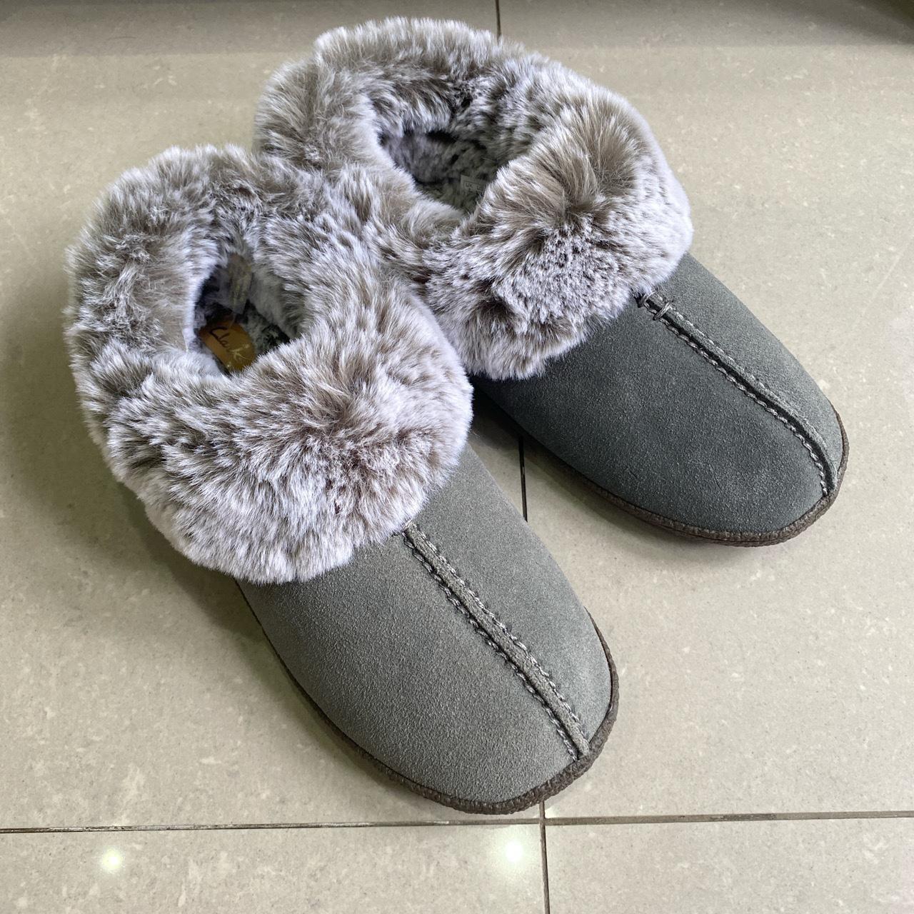 Clark’s Grey Suede Fluffy Slippers Brand new with... - Depop