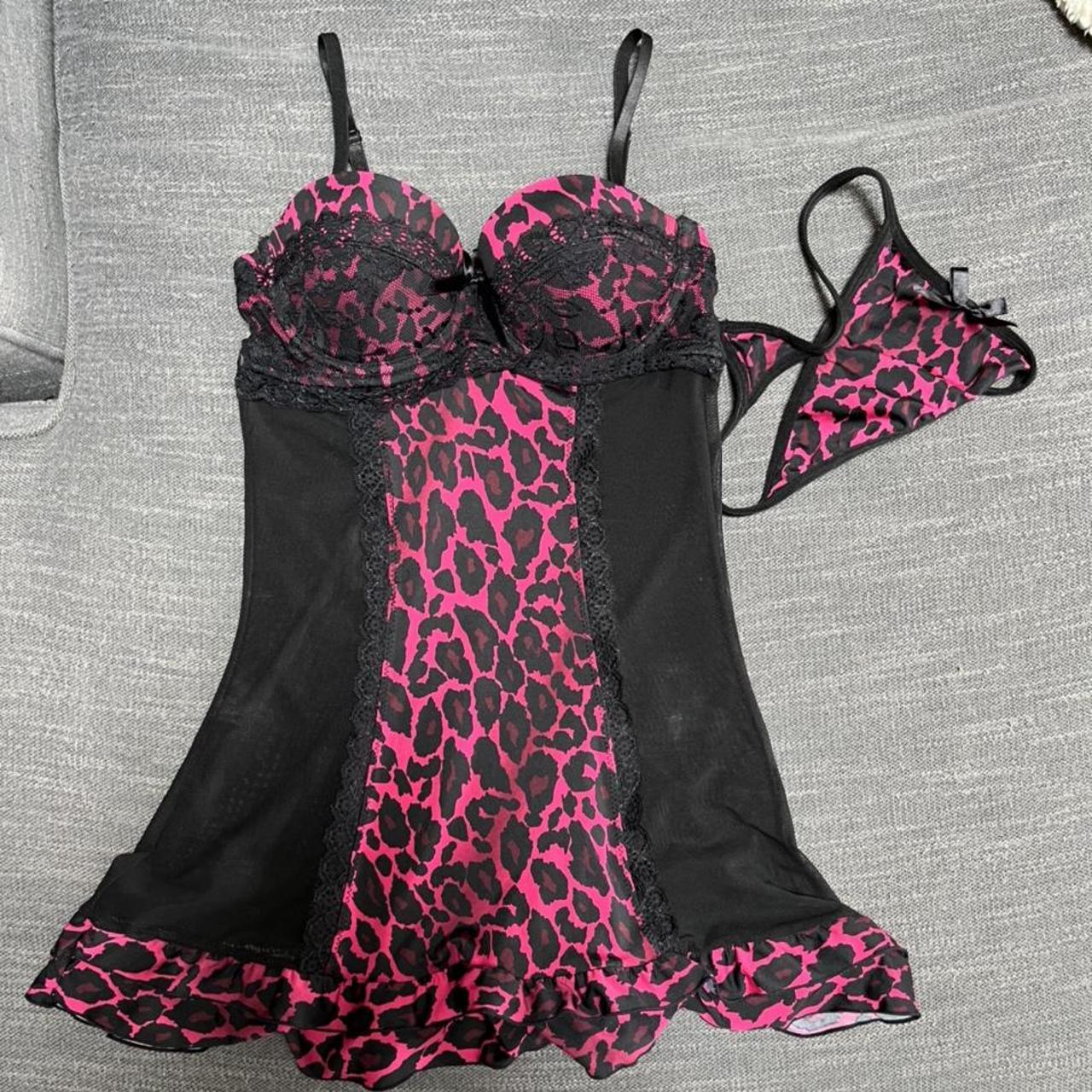 Frilly pink and black cheetaprint lingerie babydoll... - Depop
