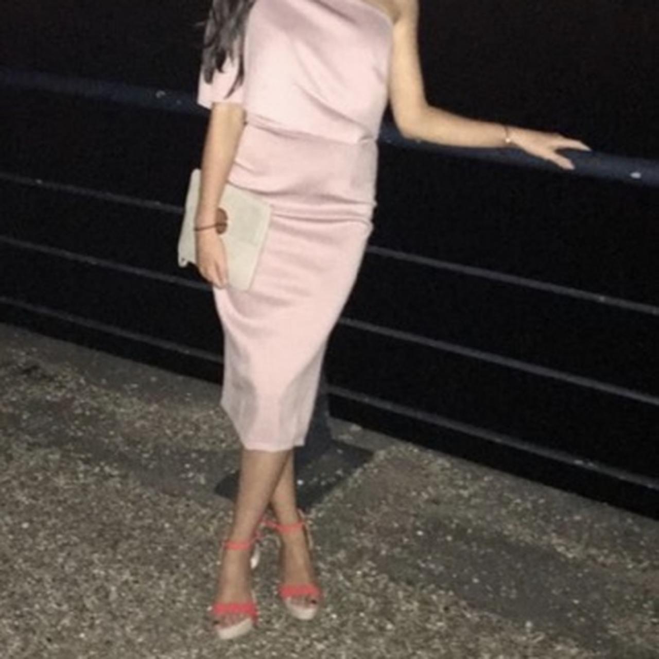 Asos Baby pink scuba one shoulder drape midi