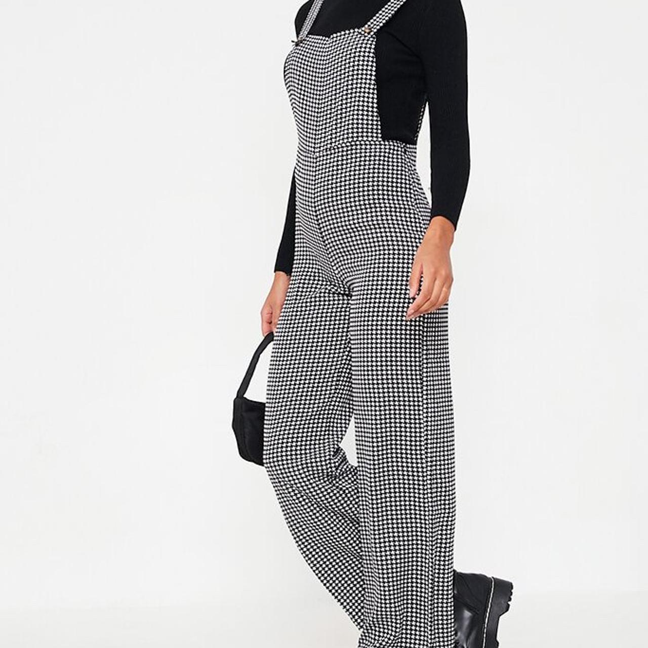 ‘Black woven dogtooth print jumpsuit in a dungaree... - Depop