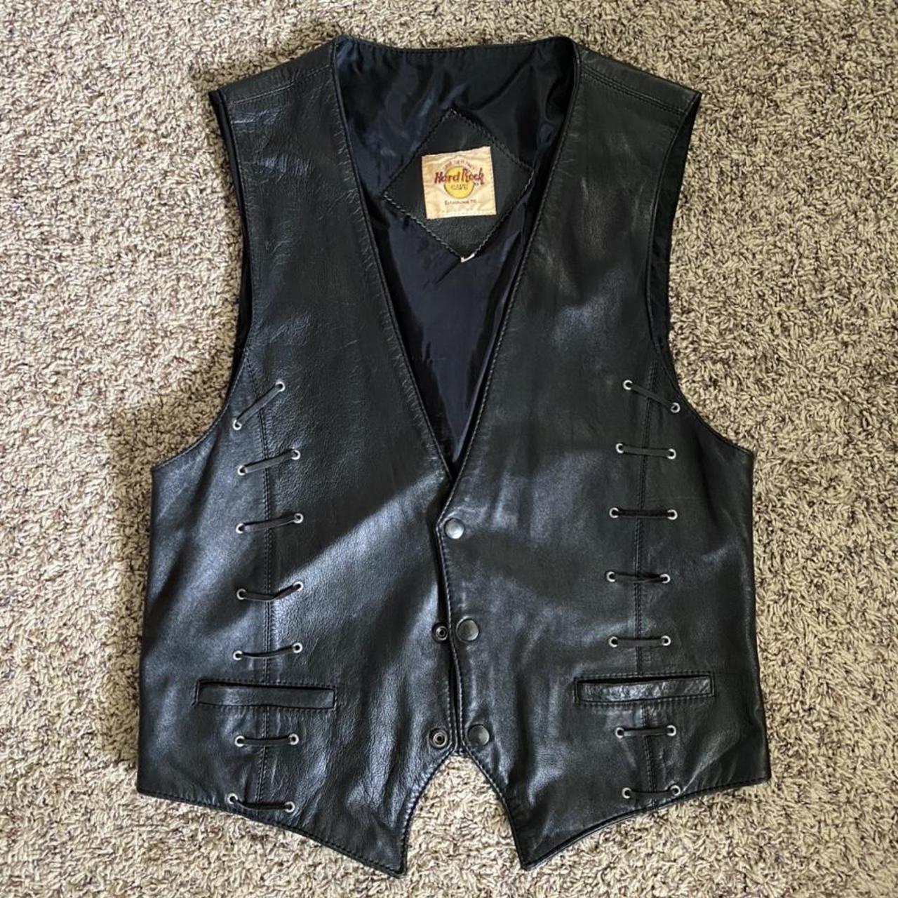 Hard Rock leather vest, front pockets, lacing detail... - Depop