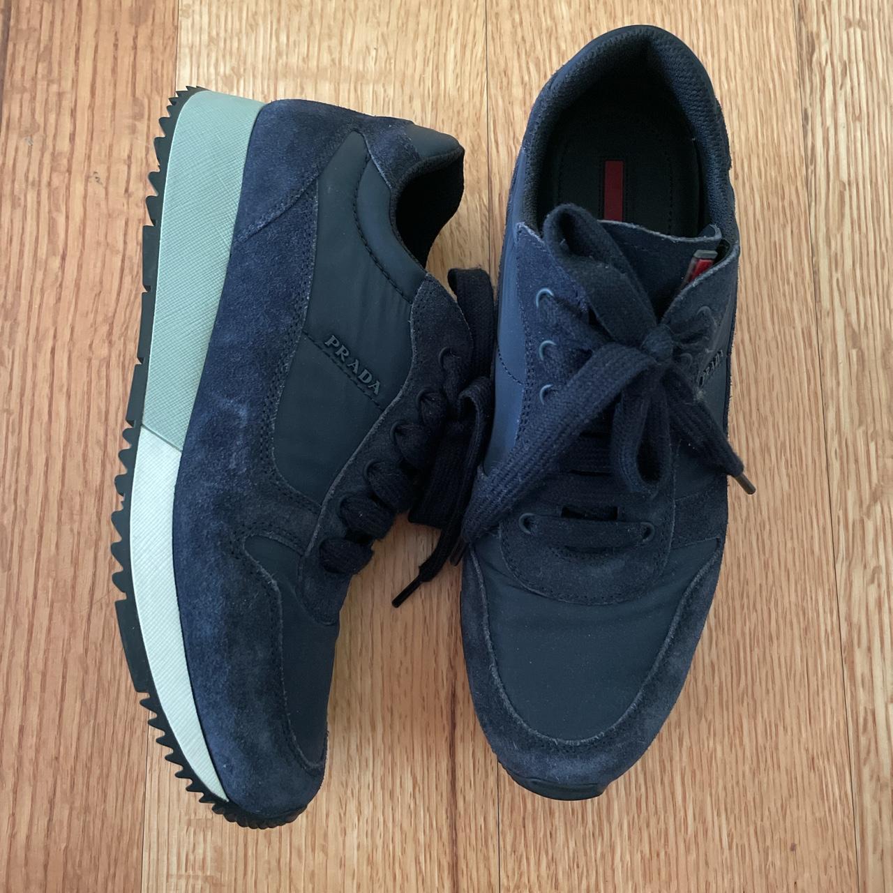 Prada Women's Navy and Green Trainers | Depop