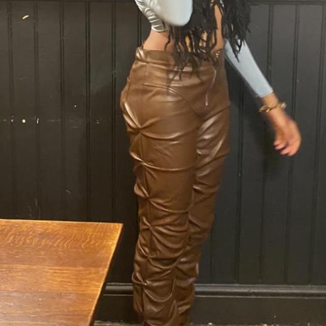 Tacked Vegan Leather Flared Trousers - Chocolate Brown