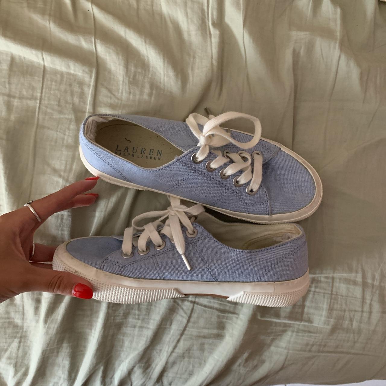 Lightly worn baby blue sneakers from Ralph Lauren.... - Depop