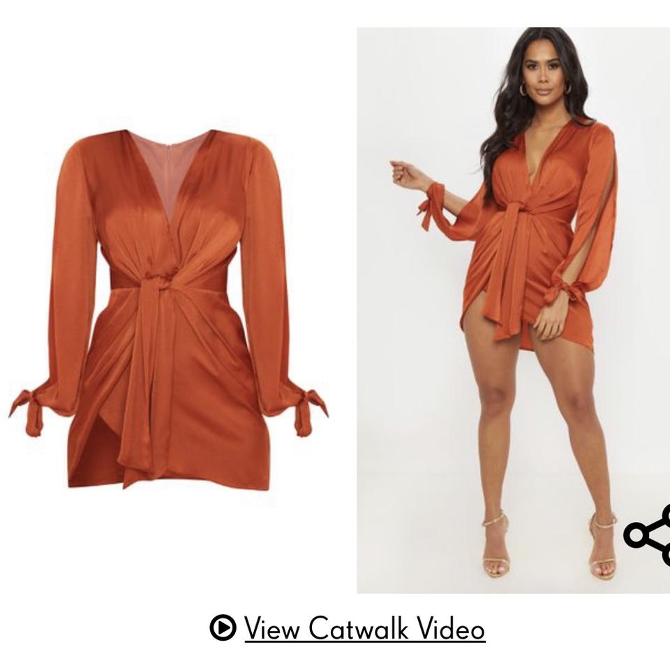 Rust satin twist front open sale sleeve wrap dress