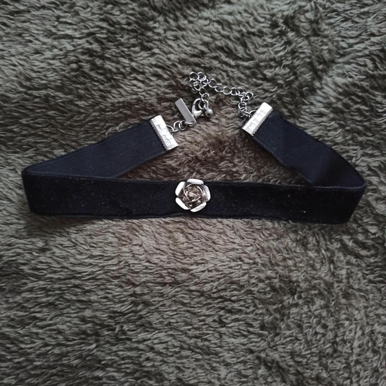 Black velvet choker with silver flower and... - Depop