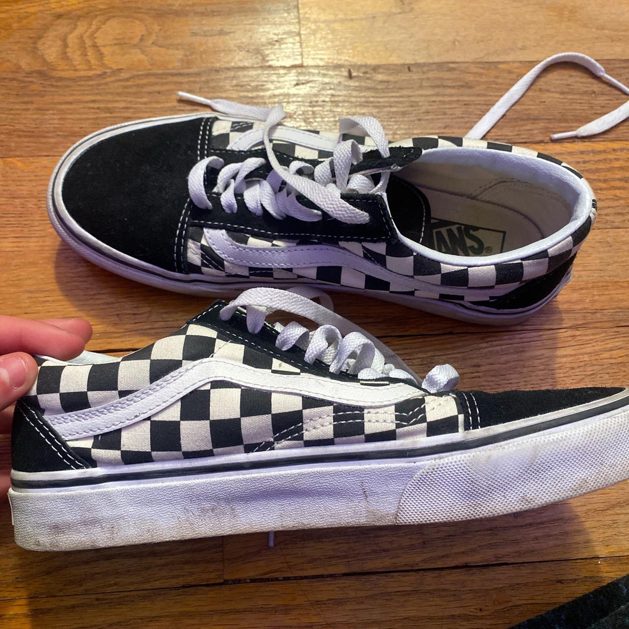 VANS CHECKERED. BLACK AND WHITE VANS. WOMENS SIZE... - Depop