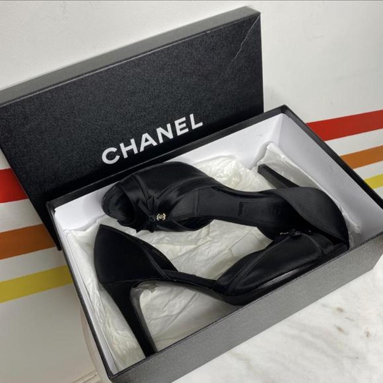Chanel satin peep toe Cc logo heels size 40.... - Depop