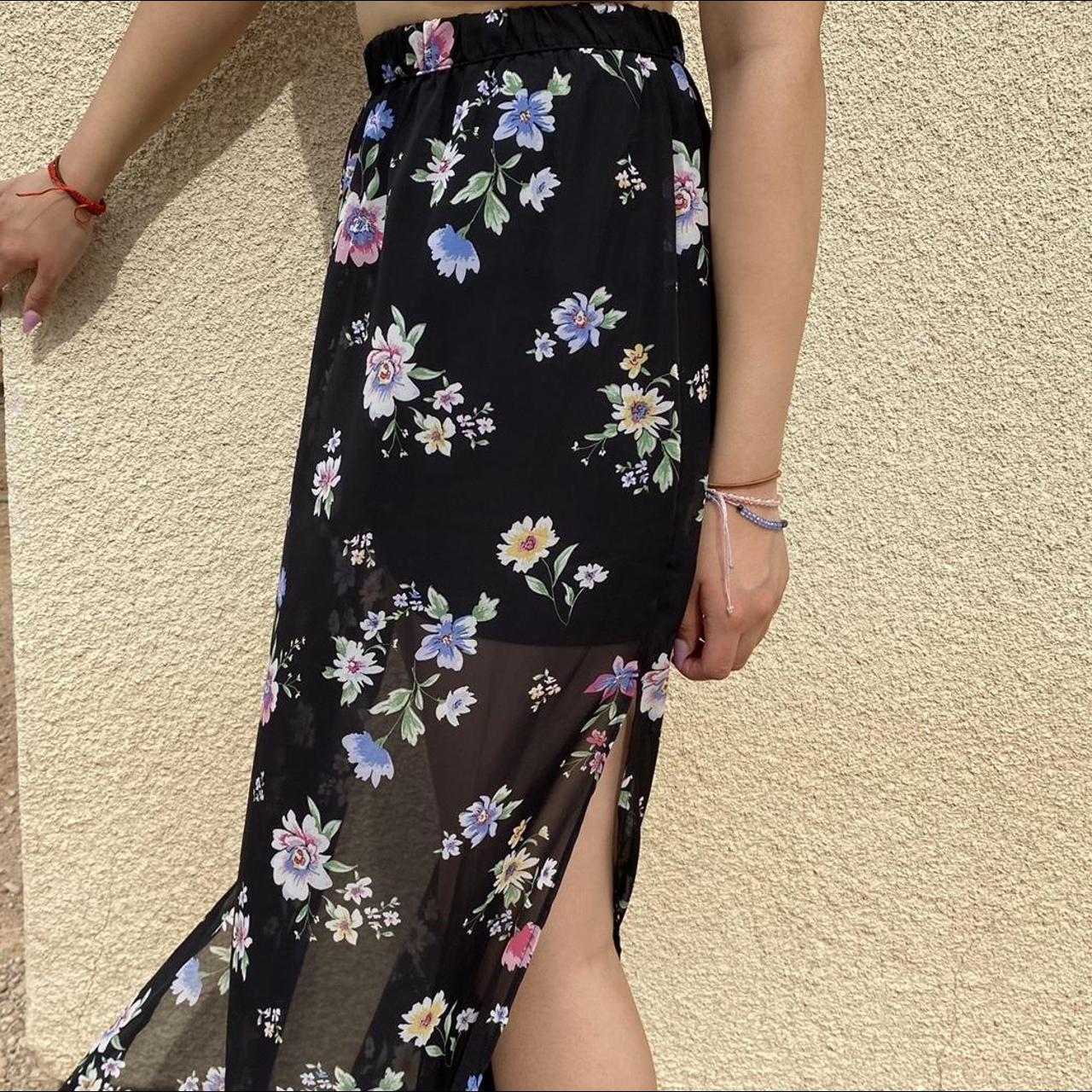 Black Floral Slit Maxi Skirt Has A Skirt Under Depop