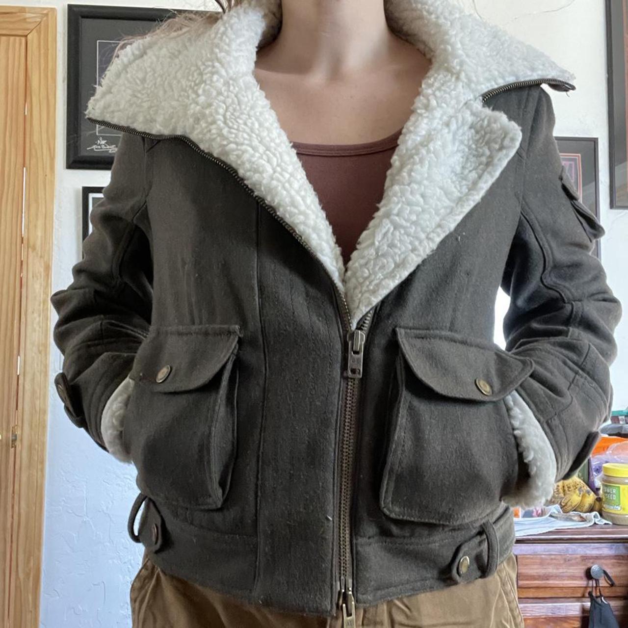 American eagle army green Sherpa bomber jacket.... Depop