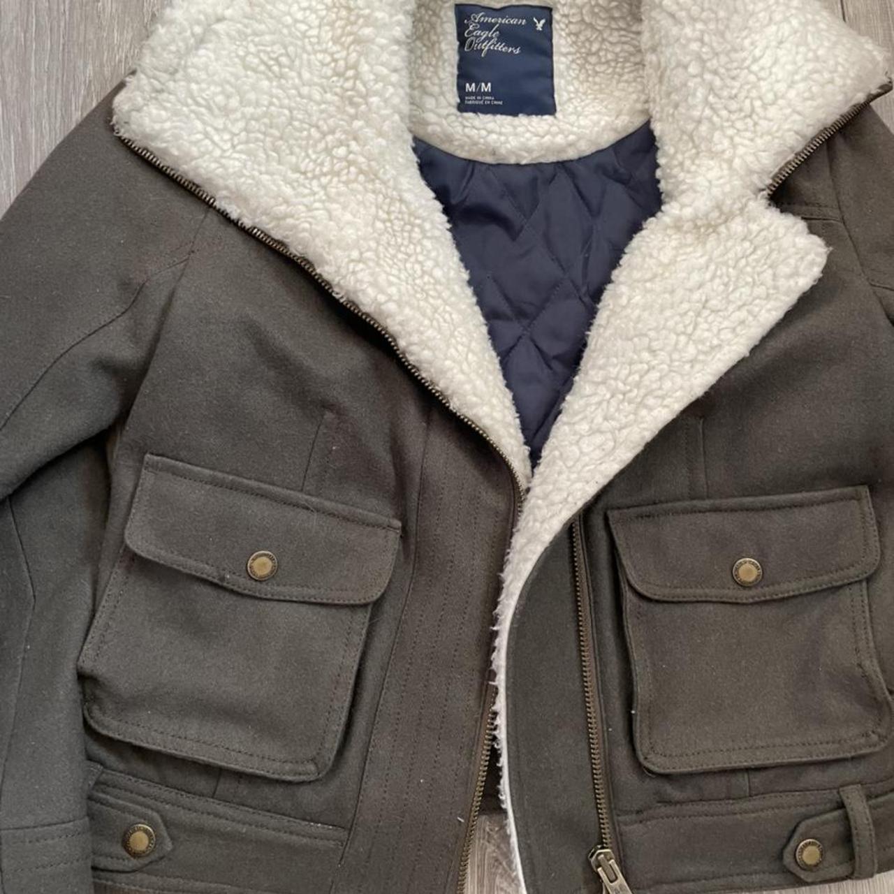 American eagle army green Sherpa bomber jacket.... Depop