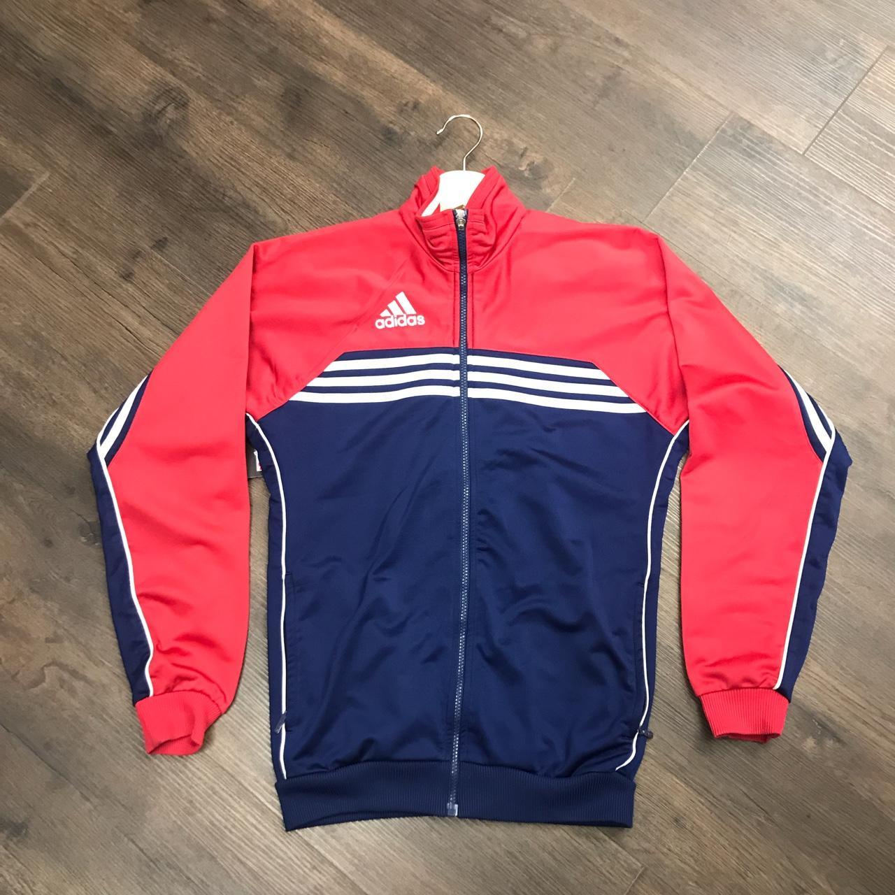 Vintage Adidas Navy Blue, Red and White Track jacket... - Depop