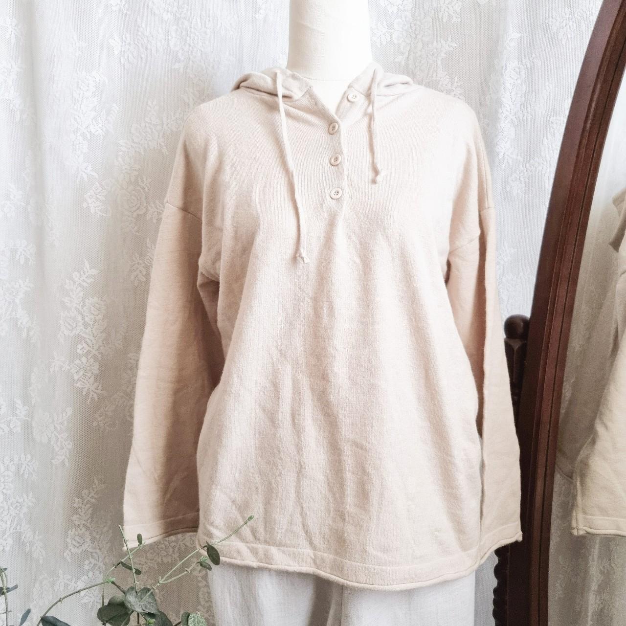 Browny Beige Button Up Henley Knit Hoodie Size... - Depop