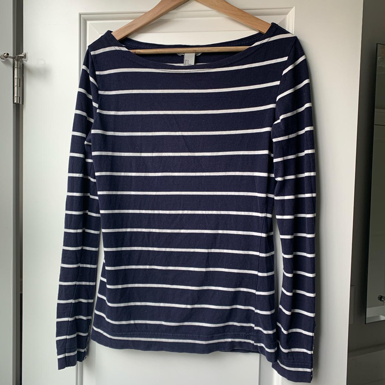 Navy and white striped boat neck long sleeve shirt... - Depop