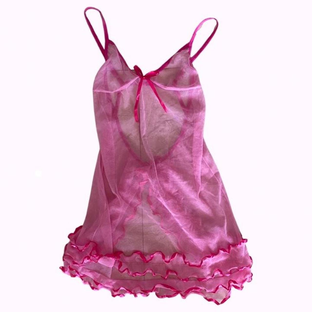 hot pink mesh ruffle lingerie slip dress with a... - Depop