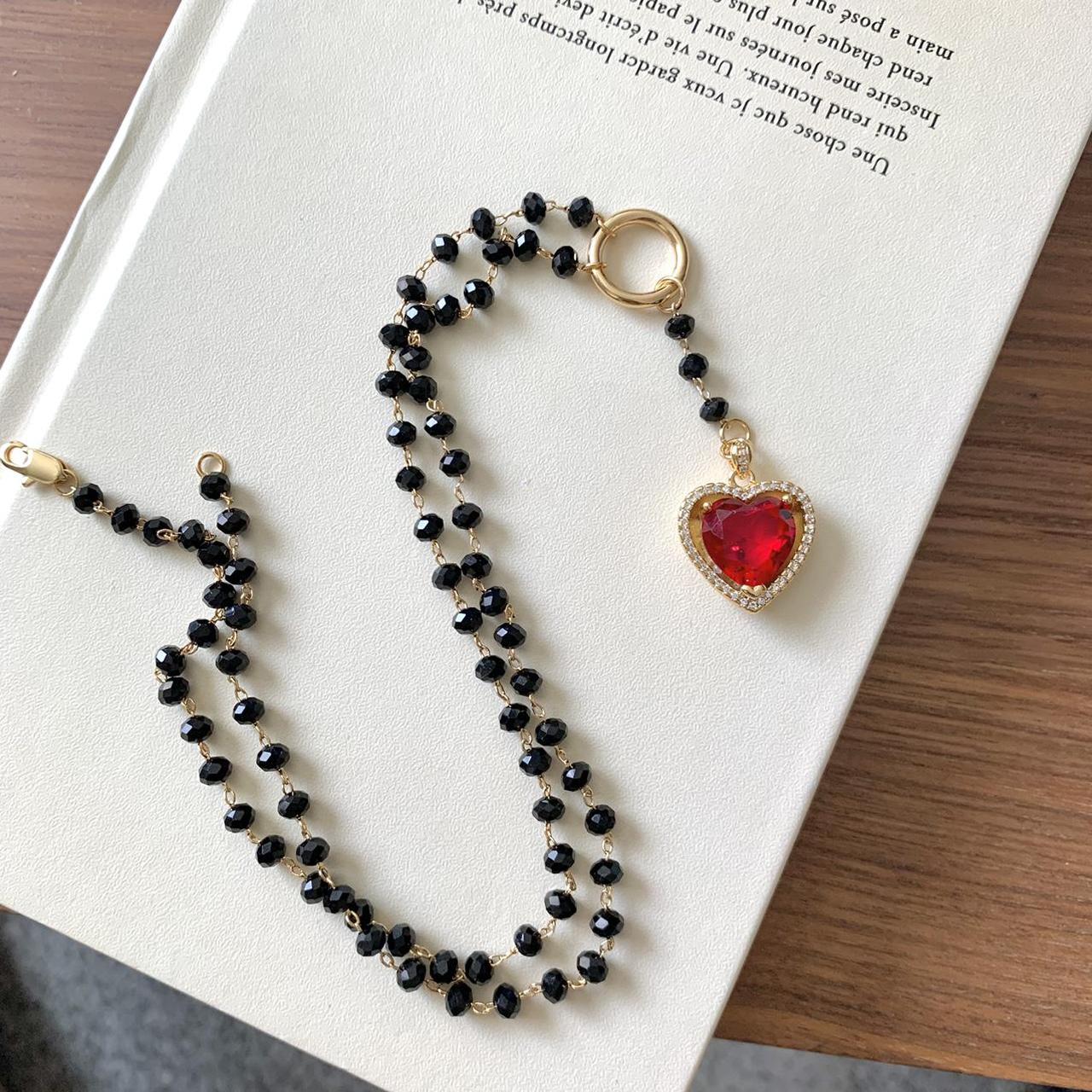 Black Crystal Beaded Chain Necklace With Ruby Heart Depop