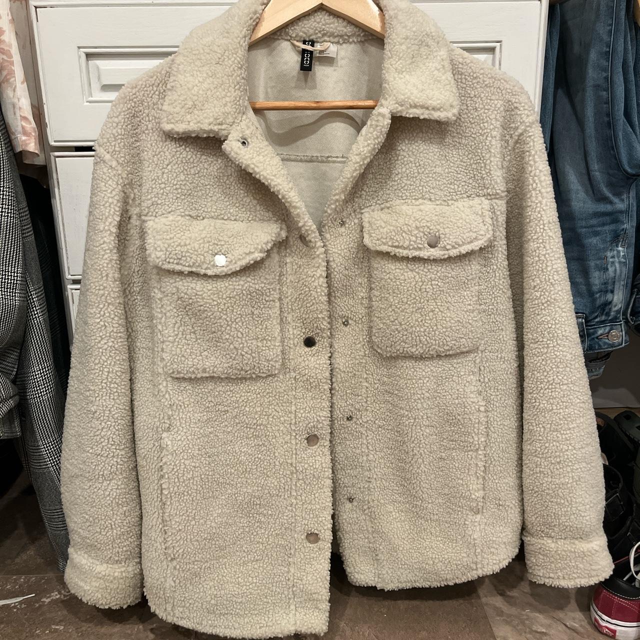 H&M cream teddy jacket size m H&M Jacket Depop