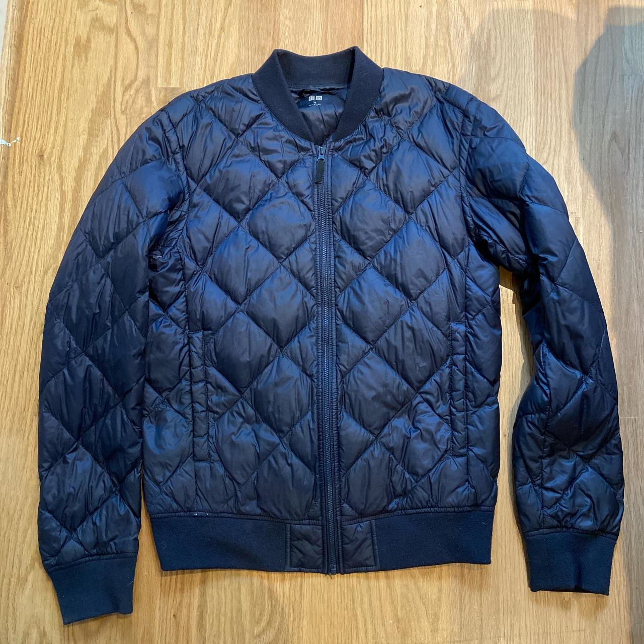 uniqlo navy bomber jacket! packs down really well... - Depop