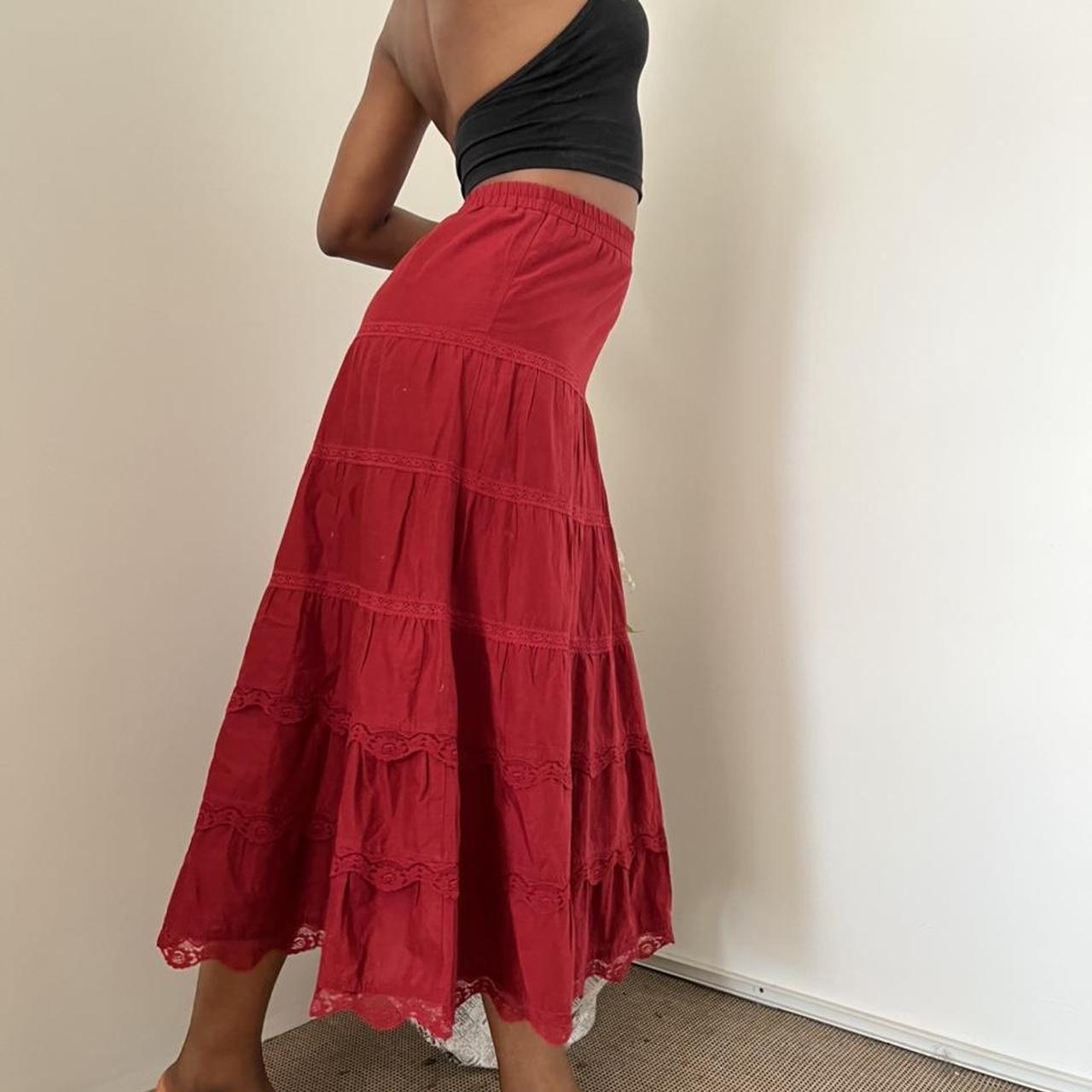 Red Cotton tiered midi/maxi skirt. Lined and elastic... - Depop