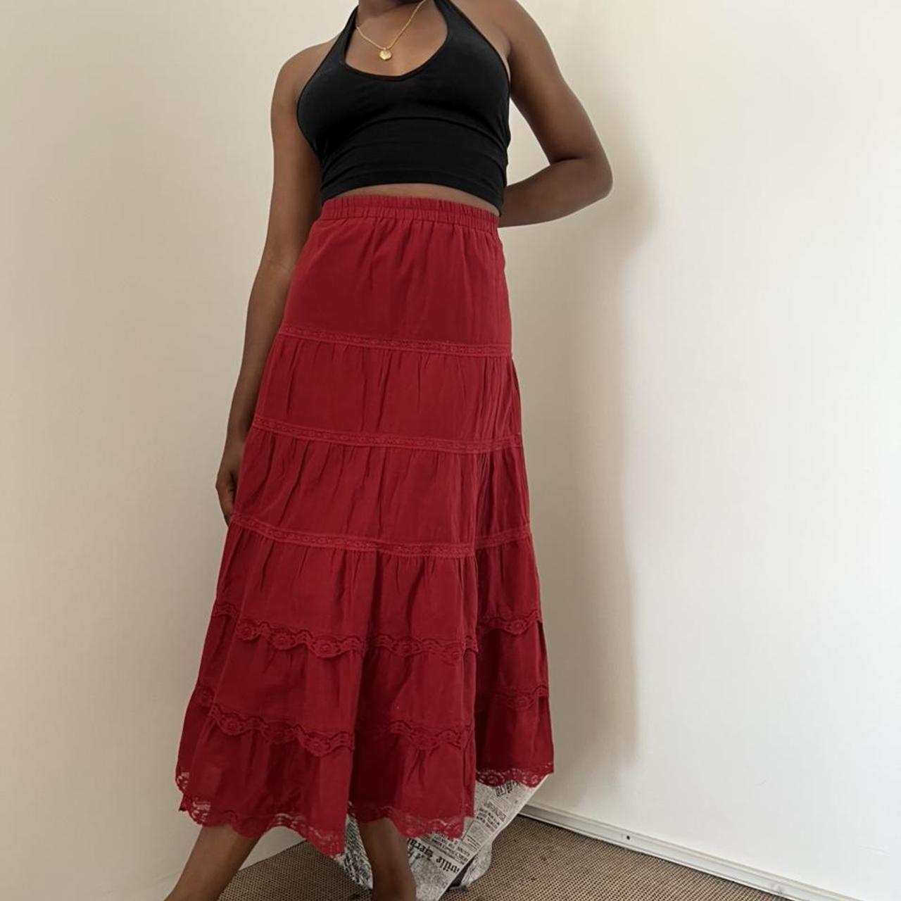 Red Cotton Tiered Midi Maxi Skirt. Lined And Elastic - Depop