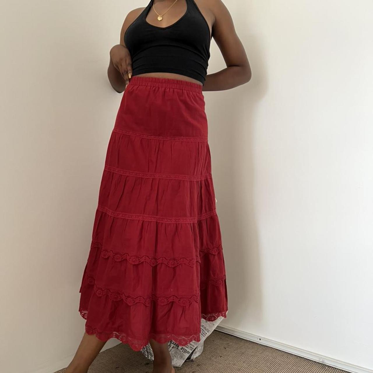 Red Cotton tiered midi/maxi skirt. Lined and elastic... - Depop