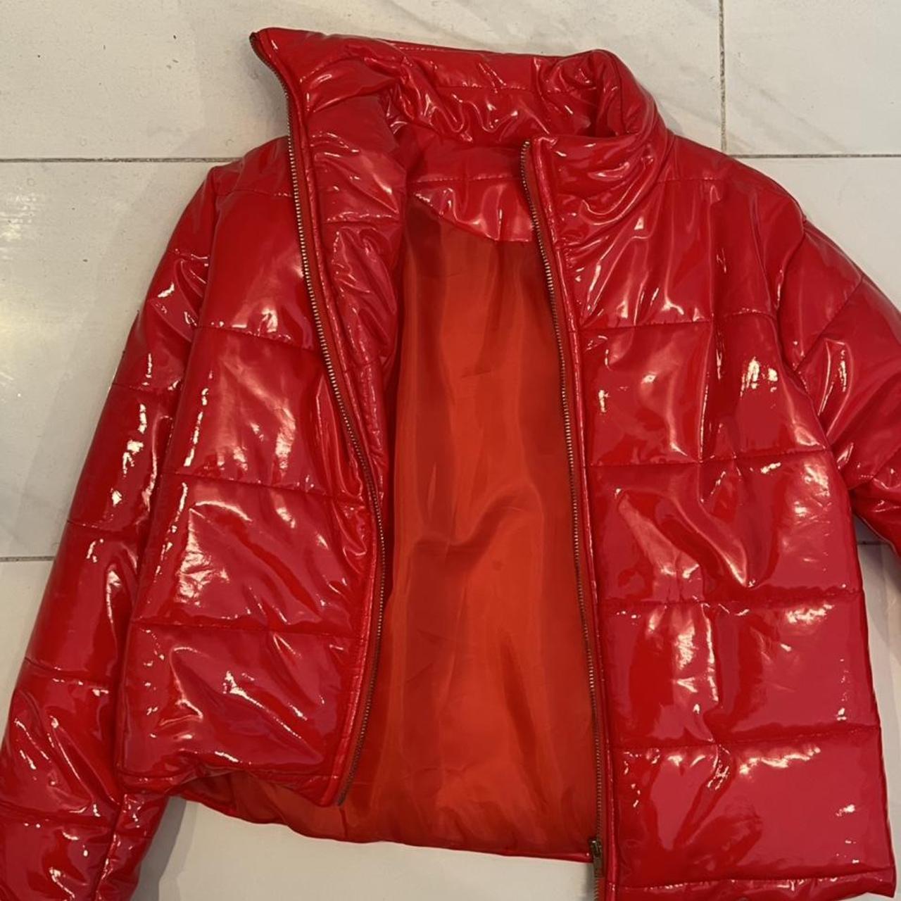 Red Leather/Vinyl Puffer Jacket Brand New Never... - Depop