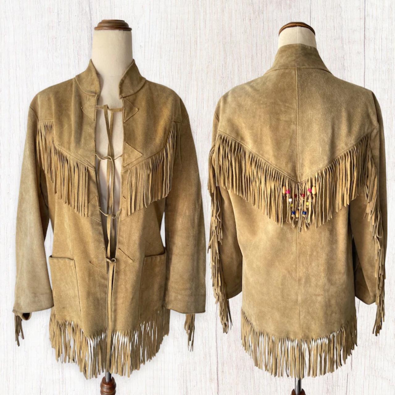 Worn in 70s beige western leather suede fringe... - Depop