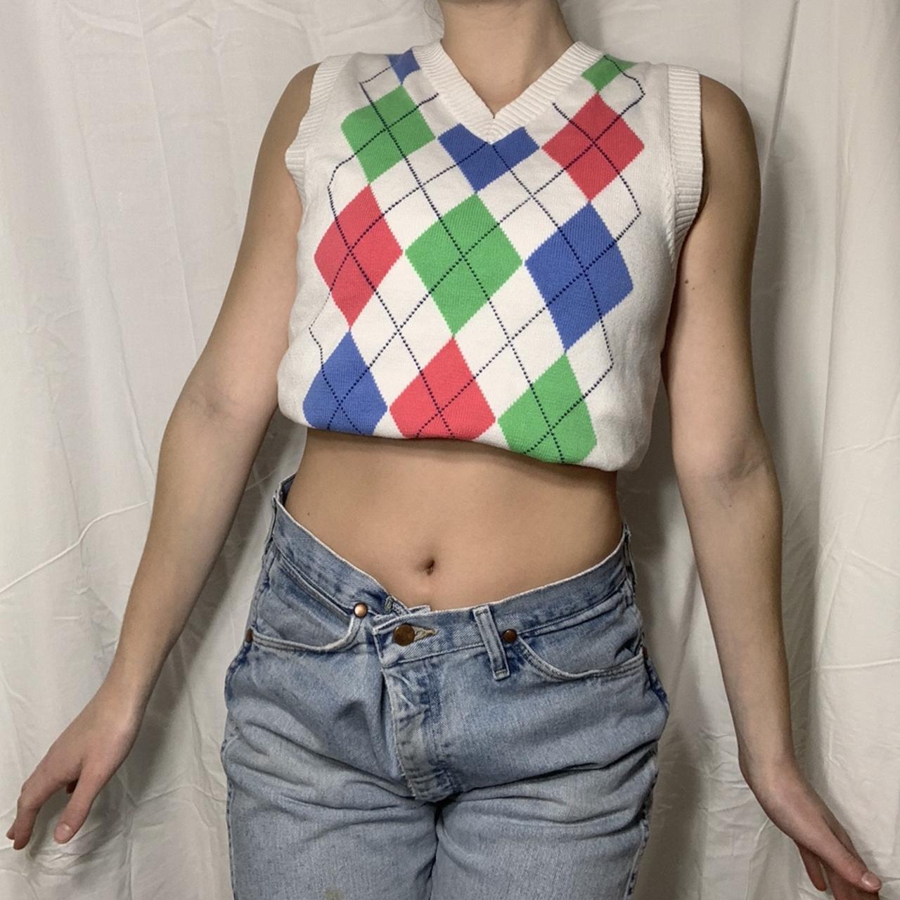 white pink blue and green argyle sweater - Depop