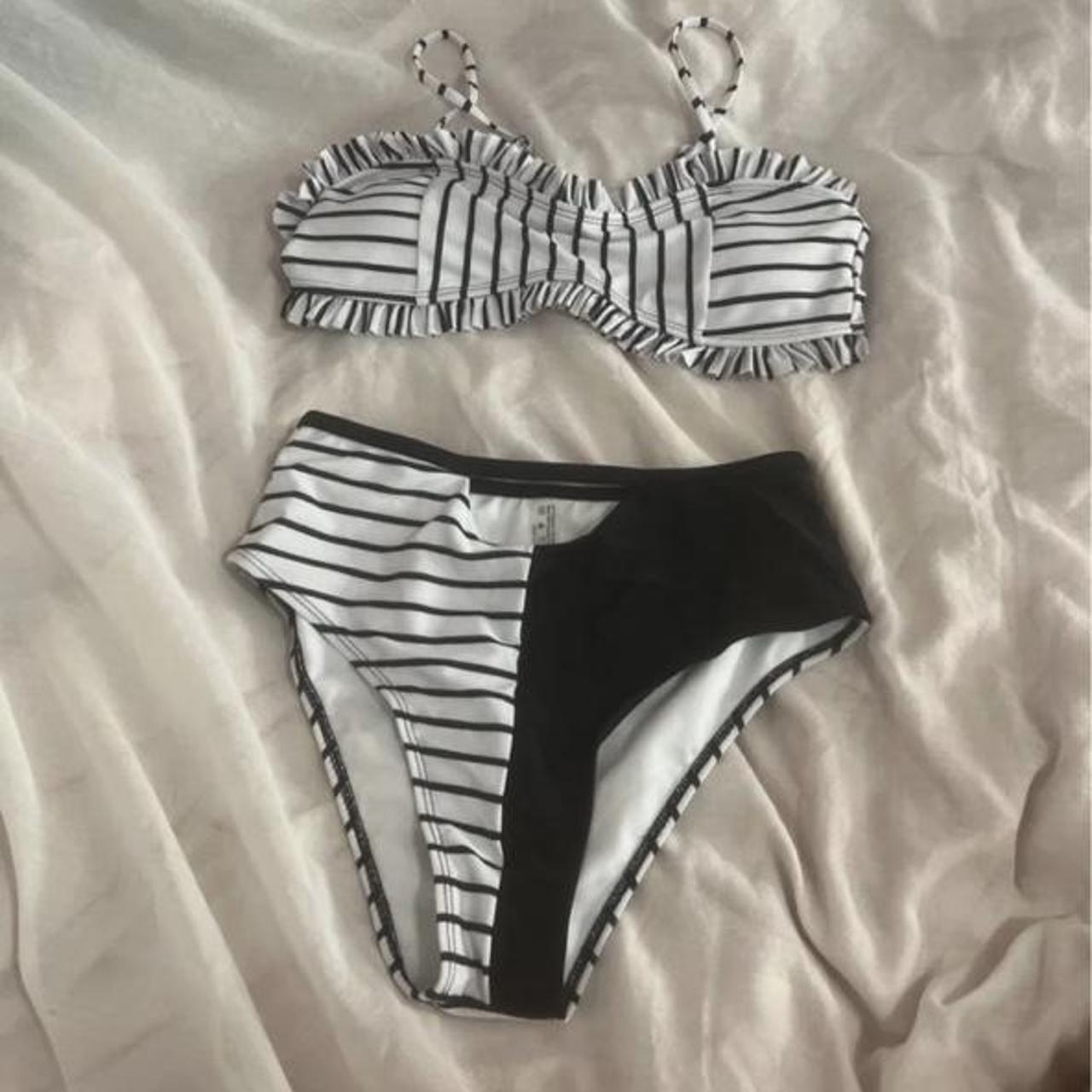 bikini set black and white stripe pattern never worn... - Depop