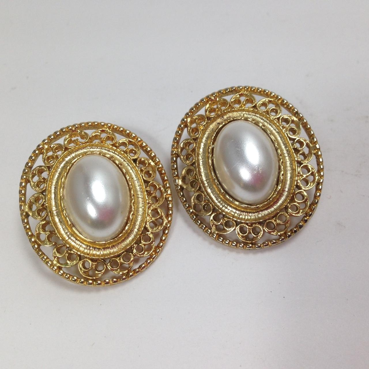 Vintage gold clip on earrings with faux pearl... - Depop