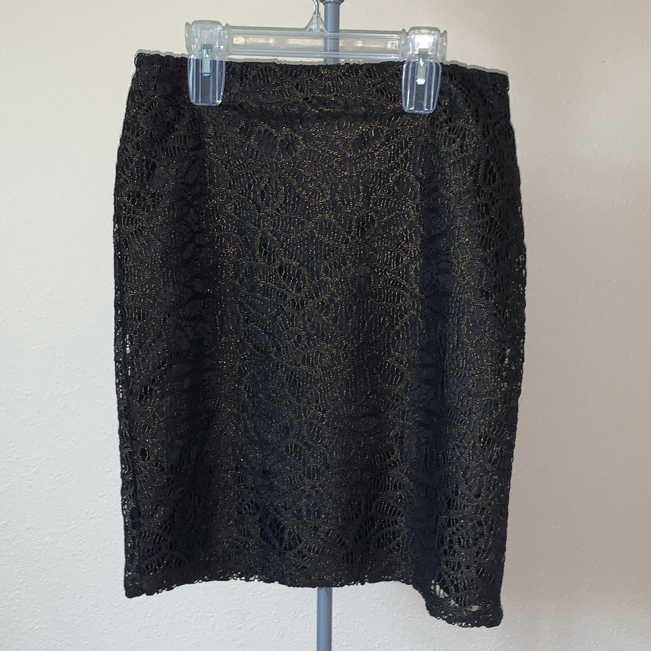 Black and gold lace knee length skirt with slight... - Depop