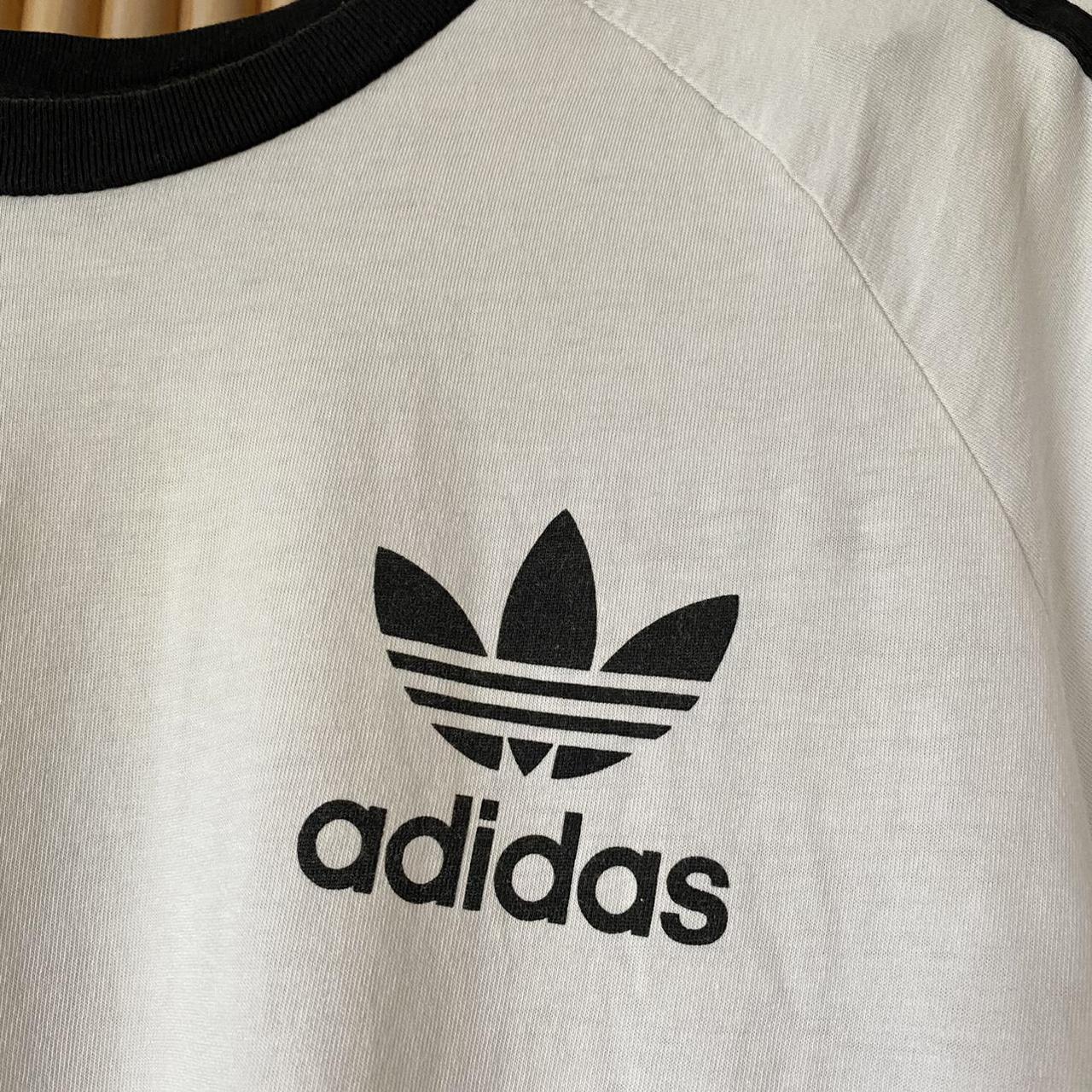 Adidas logo 3 striped classic tee! Unisex size L,... - Depop