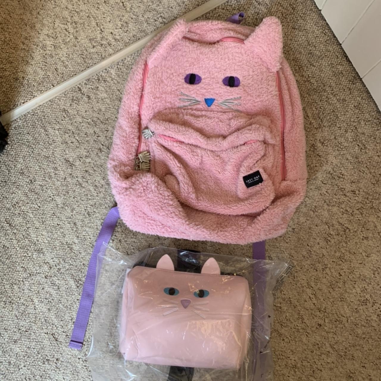 Lazy oaf fluffy kitty Kat rucksack and pink makeup. Depop