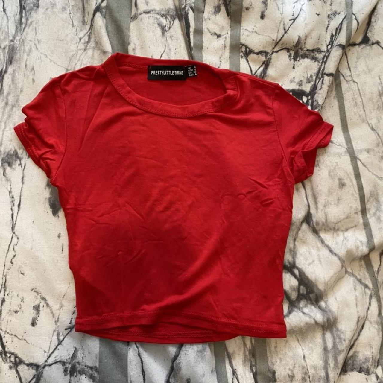 pretty little thing red cropped t shirt message... Depop