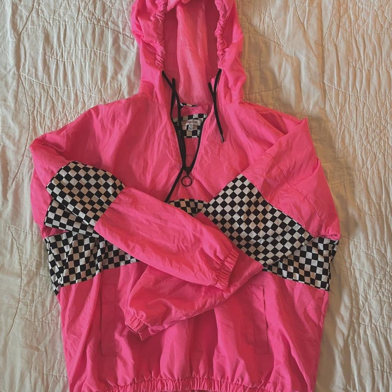 orange kiss brand neon pink wind breaker hoodie with... Depop