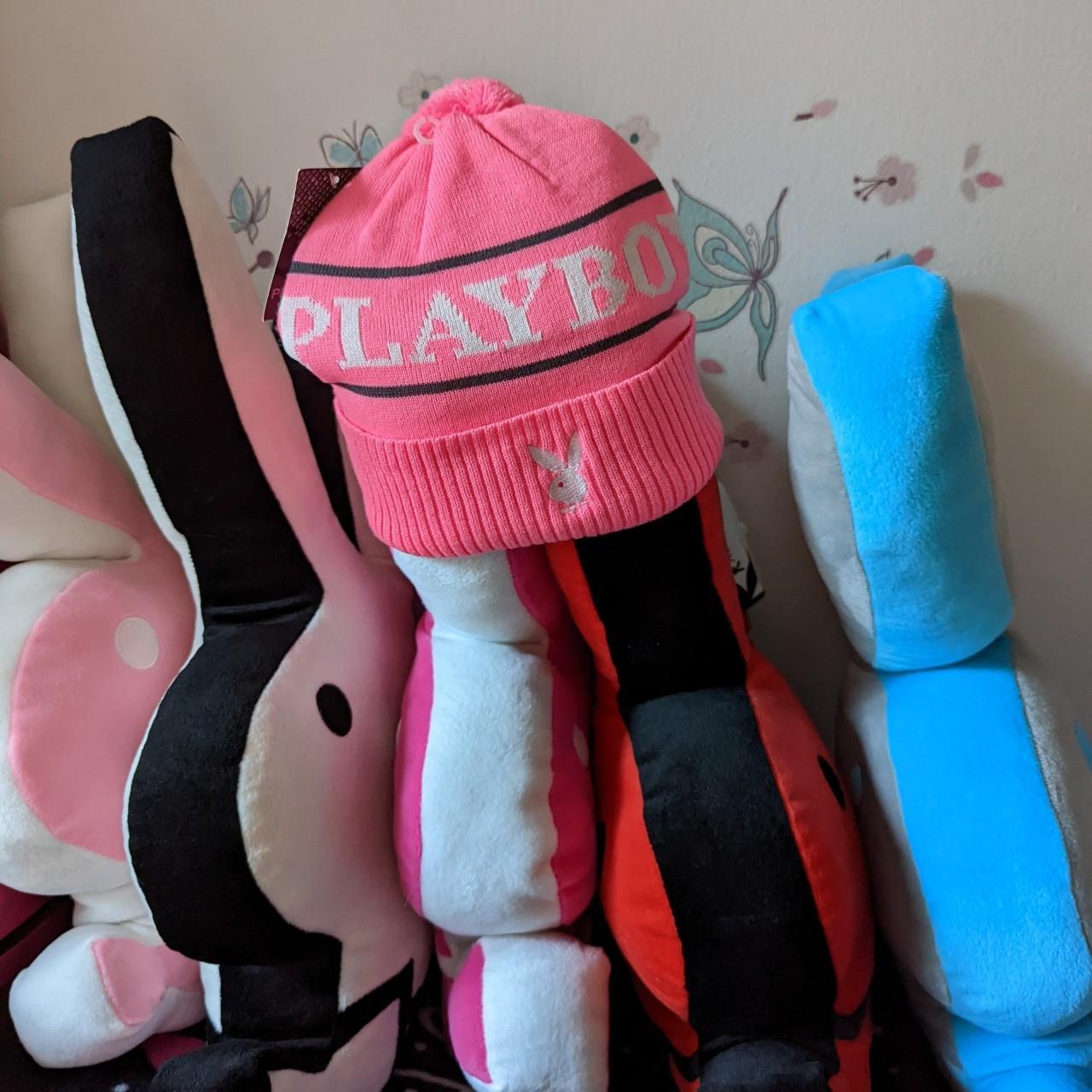 cute! hot pink winter hat has word playboy on the front - Depop