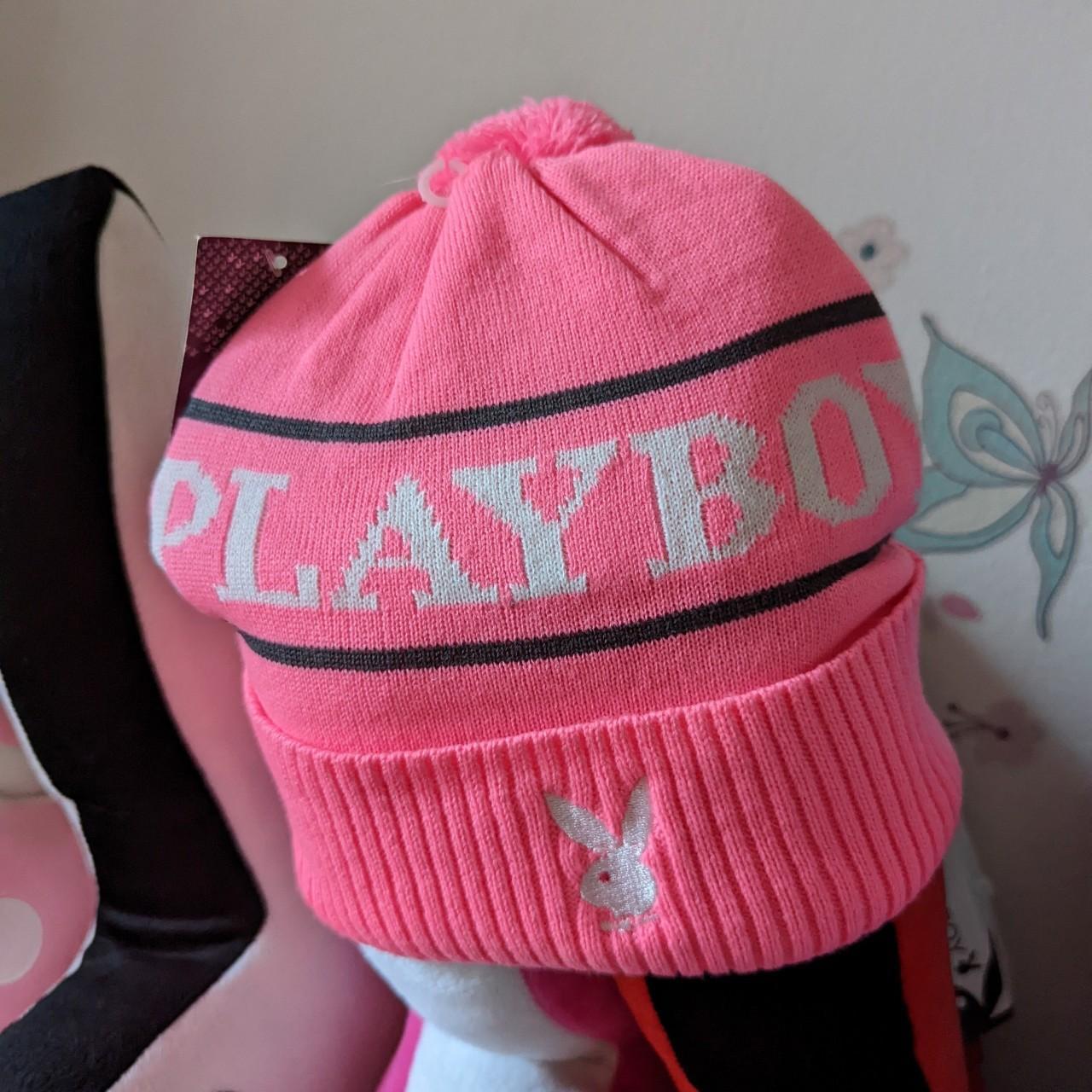 cute! hot pink winter hat has word playboy on the front - Depop