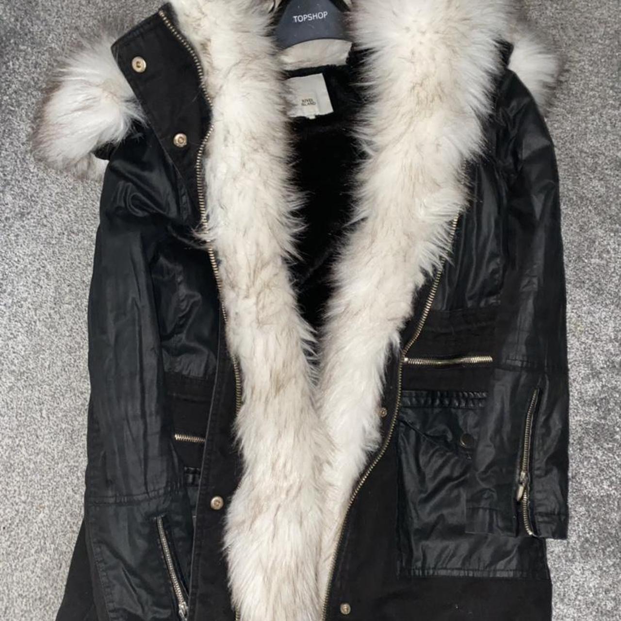 river island black parka white fur