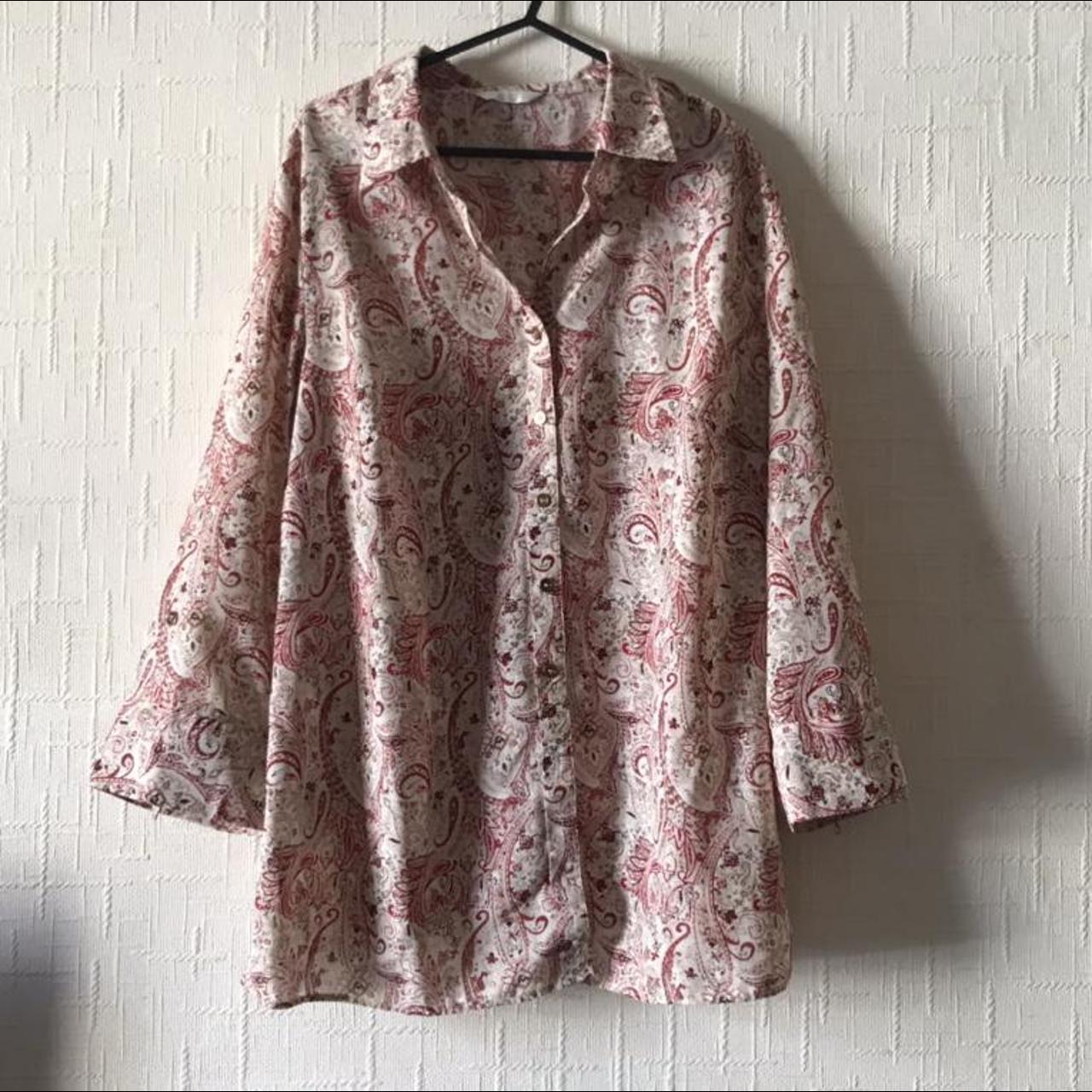 Cream white and red paisley print button up shirt... - Depop