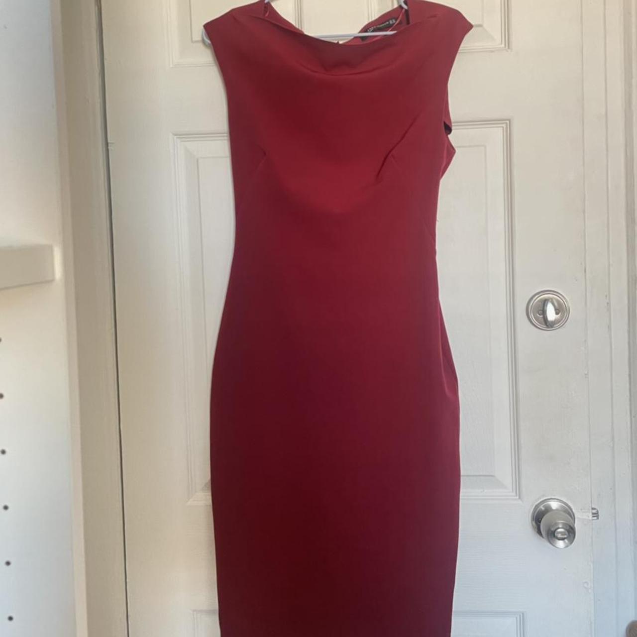 Zara Woman Burgundy Cowlick collar mid length dress... - Depop