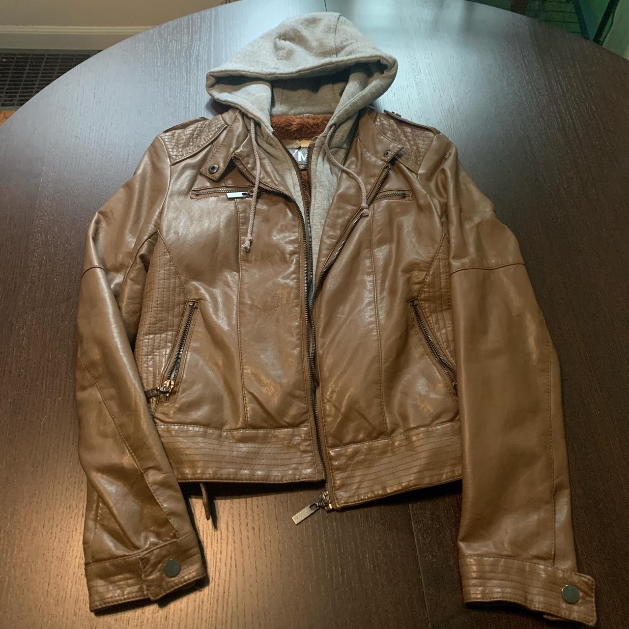 Vintage y2k light brown layered faux leather jacket... - Depop