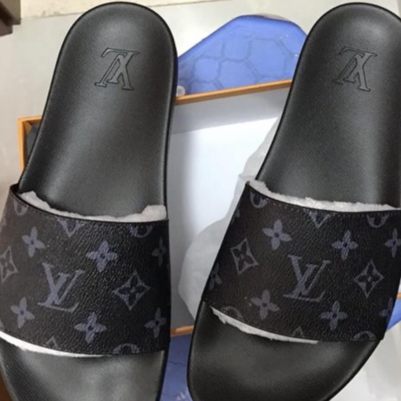 Louis Vuitton Blue Printed Slides Size: Women's - Depop