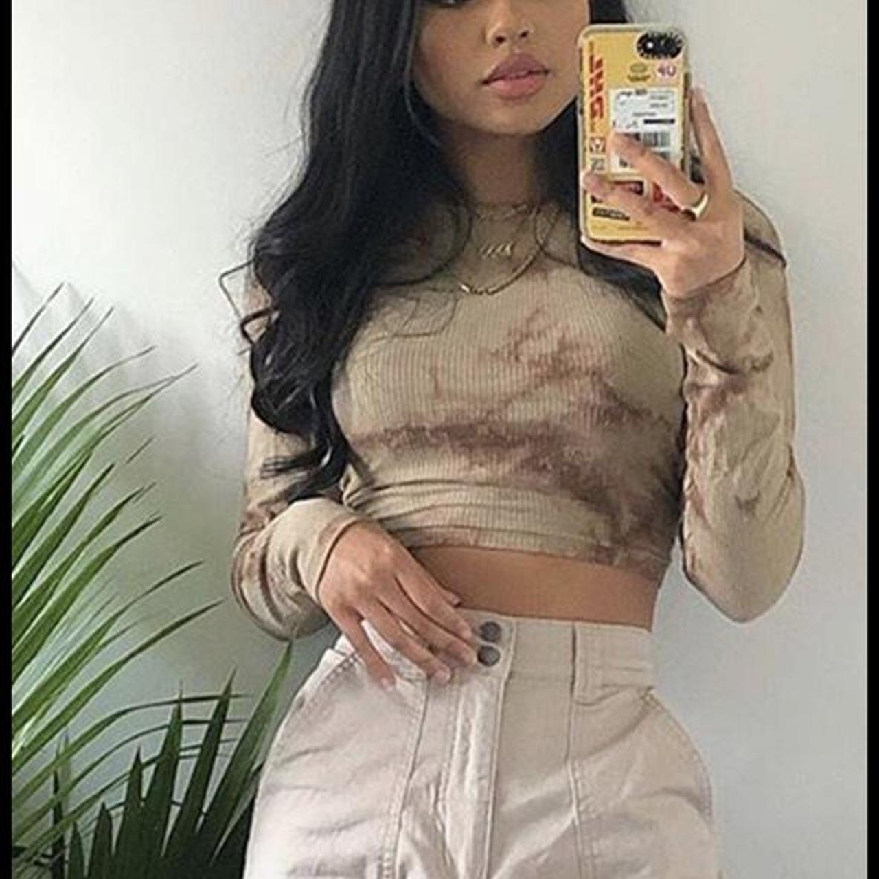 GARAGE CROP LONG SLEEVE TOP Tan/brown unique dye... Depop