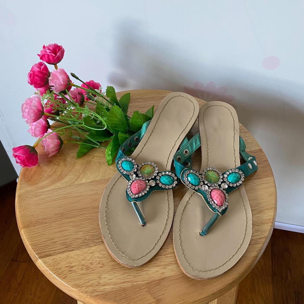 Summer Thong Sandals with turquoise and pink details Depop