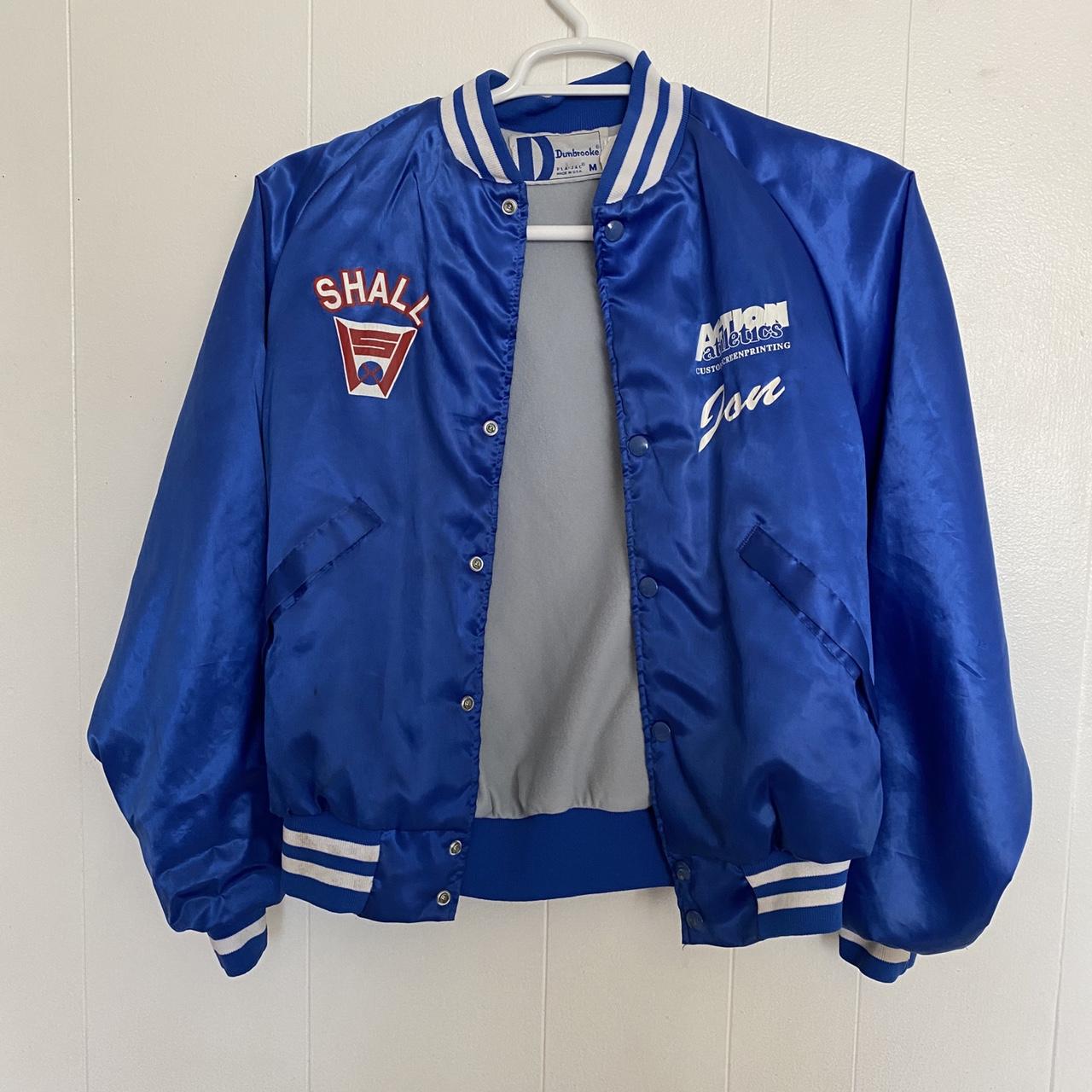 Blue bomber jacket with white stripes on the collar,... - Depop