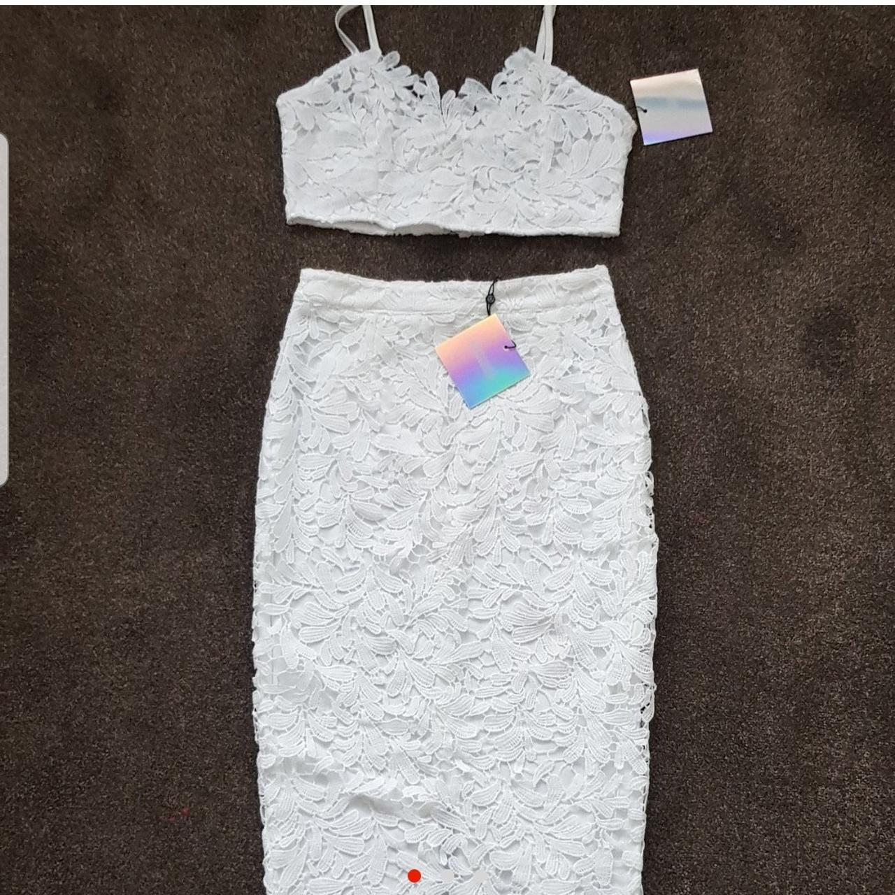 Missguided white lace crochet co-ord set Top Depop