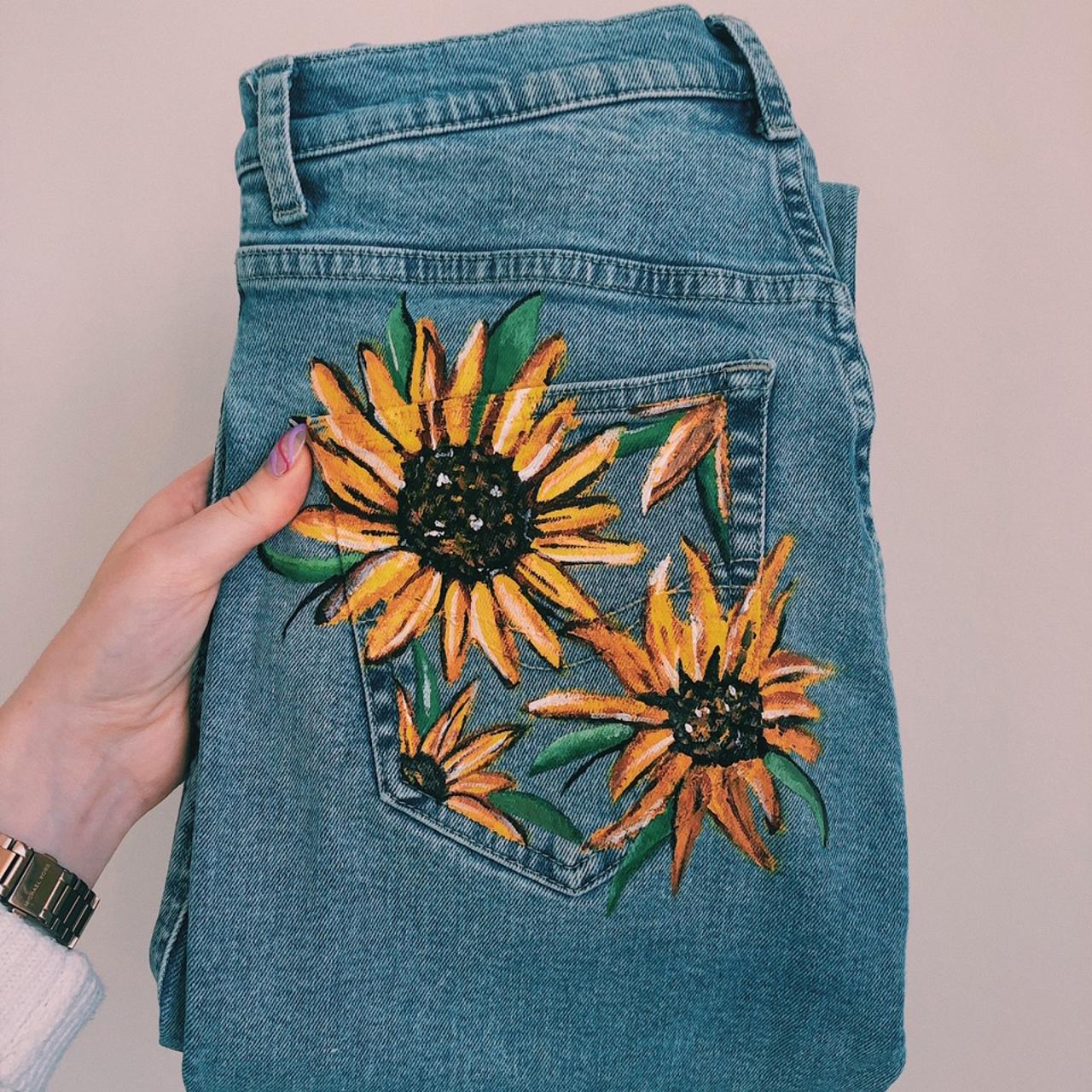 Not for sale!!! Sunflowers painted pocket on jeans... Depop
